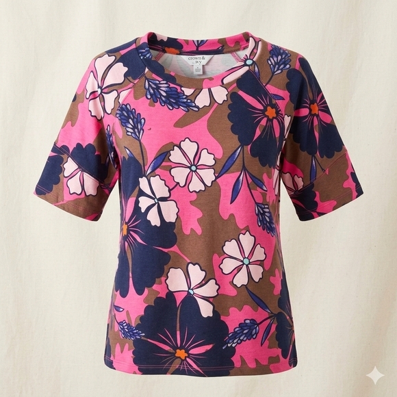 crown & ivy Tops - NWT Crown & Ivy Vibrant Pink and Brown Floral Tee